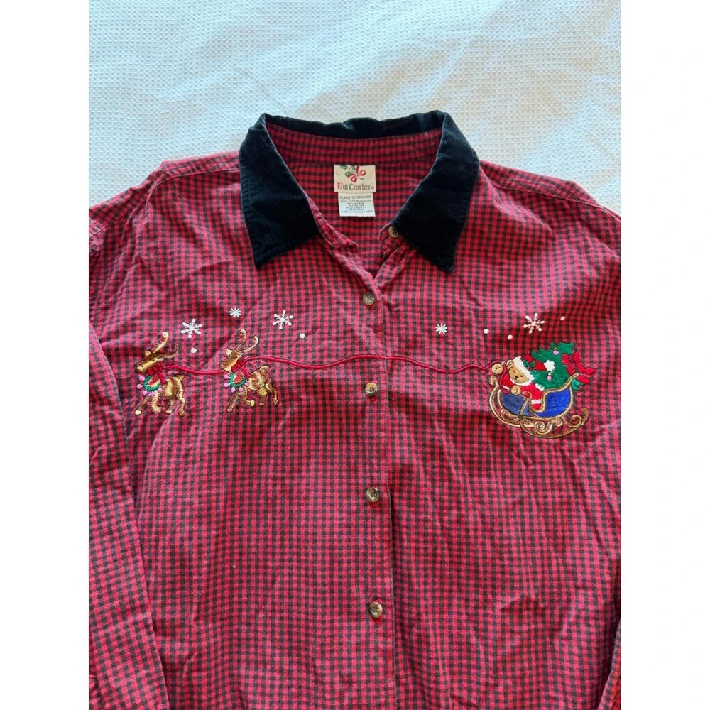 Nutcracker Mens Christmas Gingham Shirt Red Black Velvet Collar Santa XL